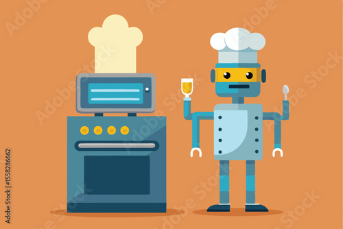 Robot chef stands next to futuristic oven while holding a pot in a modern kitchen setting designed for culinary innovation and creativity