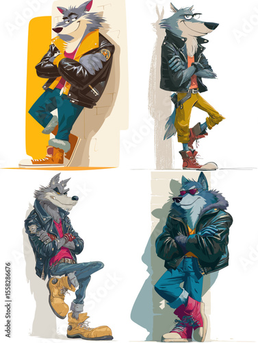 Cool cartoon wolves in leather jackets and boots, leaning with confident poses—perfect for streetwear, rebel character design, or pop-culture illustrations.

