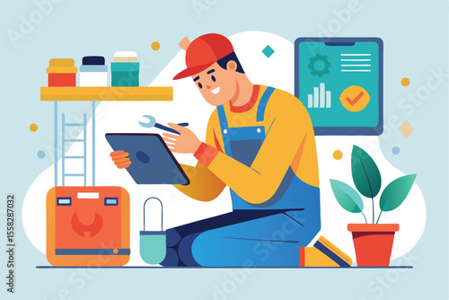Man checking device for repairs in workshop setting while using tablet to diagnose issues and improve functionality