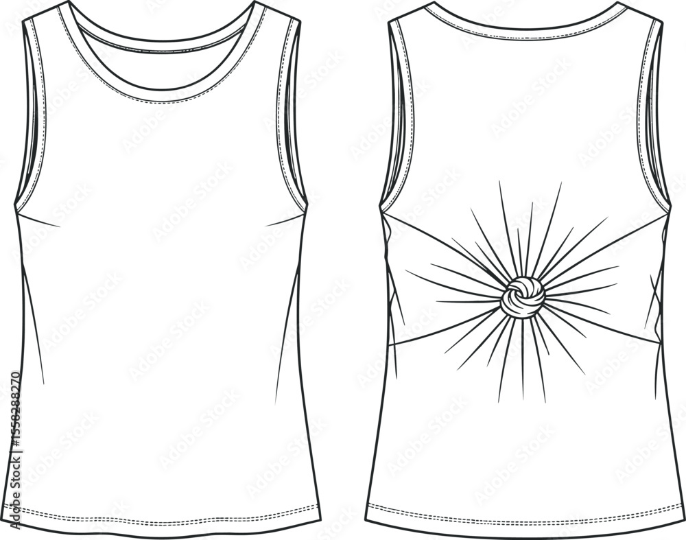 Tank top fashion flat with back knot detail, technical sketch, apparel vector illustration for garment design, editable fashion template Tank top fashion flat with back knot detail, technical sketch, apparel vector illustration for garment design, editable fashion template