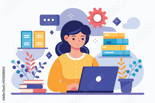 Woman working on laptop to install software while surrounded by books, plants, and colorful graphics in a bright and modern workspace