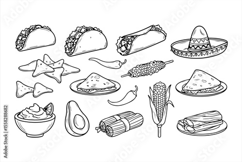 A collection of hand-drawn illustrations depicting various Mexican foods, including tacos, burritos, enchiladas, nachos, corn, and a sombrero.