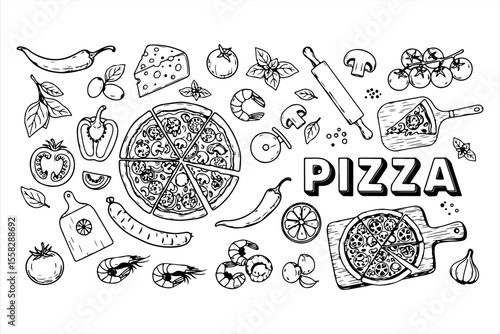 Hand-drawn illustration of pizza ingredients and a pizza.
