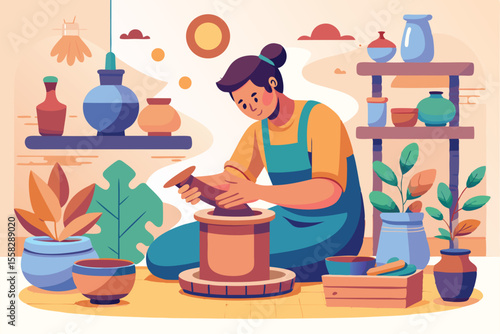 Ceramic pot creation by a skilled potter in a bright, vibrant studio filled with plants and pottery, showcasing the art of pottery making during the day