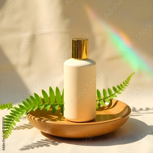White lotion bottle on wooden display with monstera leaves