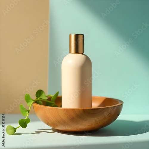 White lotion bottle on wooden display with monstera leaves