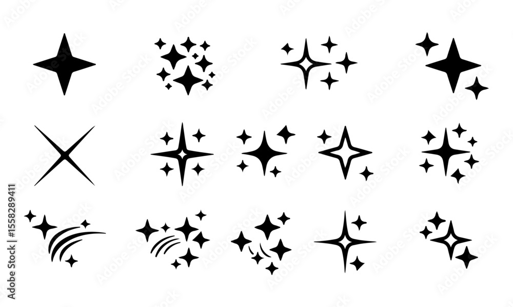 Naklejka premium Extensive Collection of Black Sparkle and Star Icons. A set of fifteen black icons featuring diverse sparkles, stars, and glitter effects.