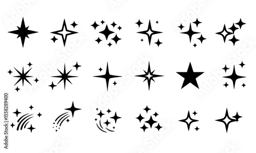 Extensive Collection of Black Sparkle and Star Icons. A set of fifteen black icons featuring diverse sparkles, stars, and glitter effects.