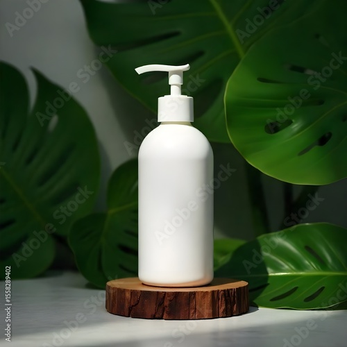 White lotion bottle on wooden display with monstera leaves