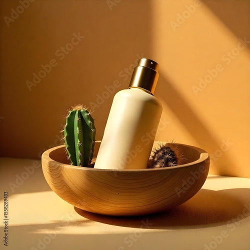 White lotion bottle on wooden display with monstera leaves