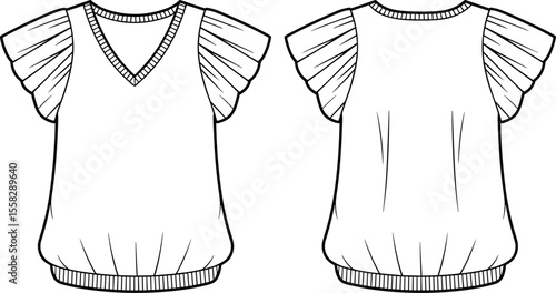 Women’s flutter sleeve blouse fashion flat sketch with ribbed hem, v-neck design, detailed technical vector drawing, front back view