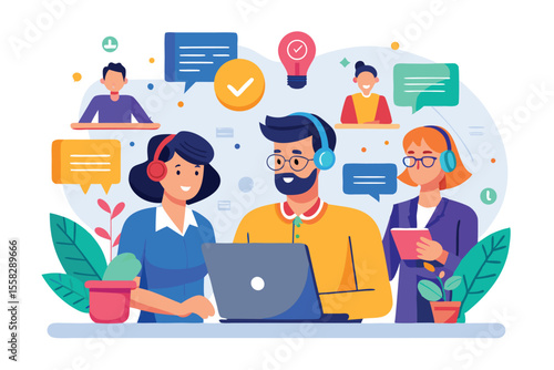 Customer support team providing assistance through digital channels in a modern workspace