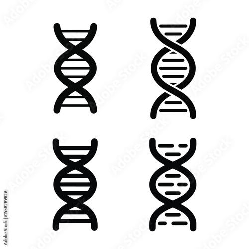 Four Black D N A Strand Icons on White Background deoxyribonucleic acid