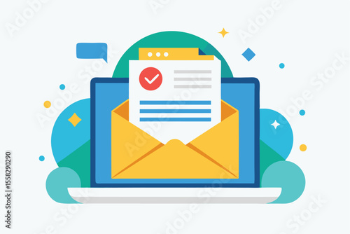 Email marketing campaign in a digital workspace with messaging elements and an open envelope symbolizing communication success