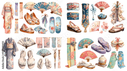 Elegant watercolor set of traditional Japanese kimono accessories including geta sandals, folding fans, sashes, and hair ornaments—perfect for cultural or fashion design themes.

