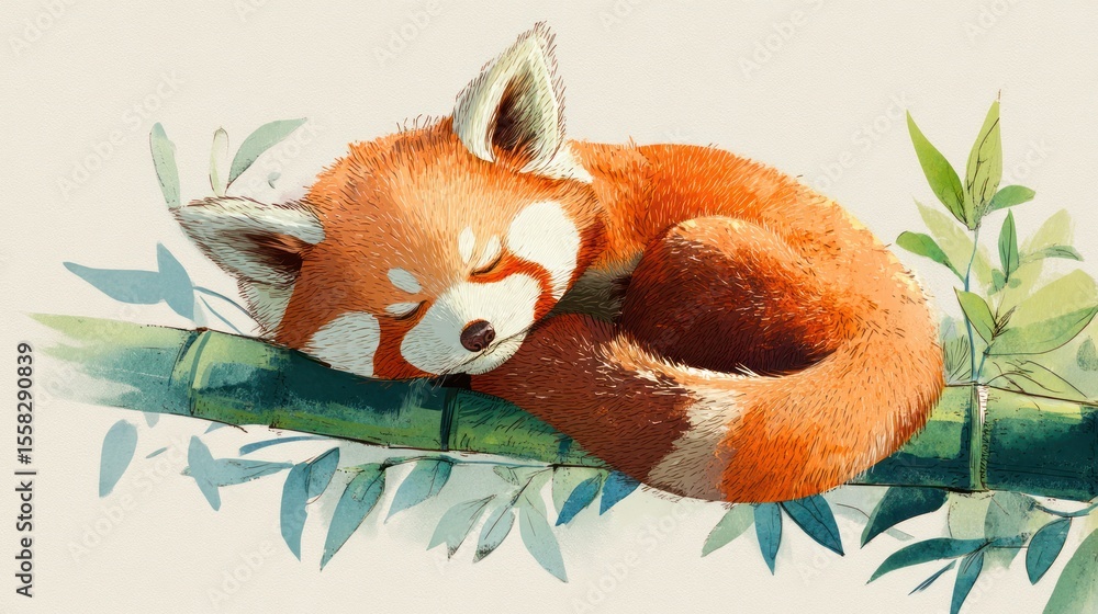 Fototapeta premium Red panda character in watercolor style with soft texture, curled up on a bamboo limb, light blue and peach pastel palette, cozy and playful tone