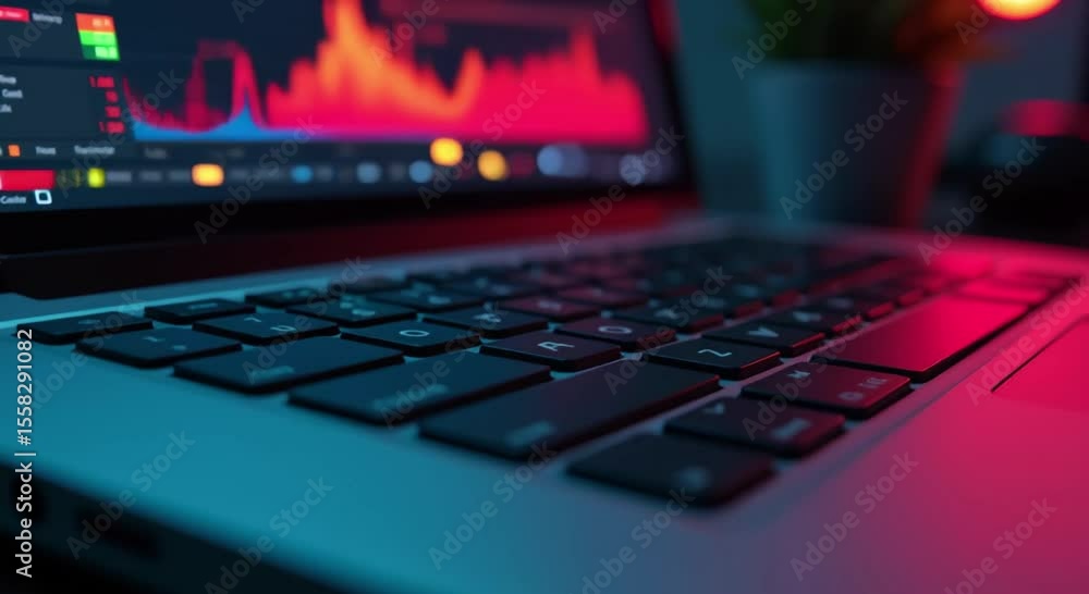 laptop computer sitting top desk next plant graph screen blurred background graph appears related laptop computer sitting top desk next plant graph screen blurred background graph appears related