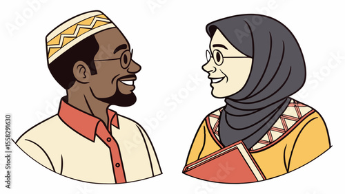 Illustration of an african american man with kufi and a woman with hijab facing each other smiling