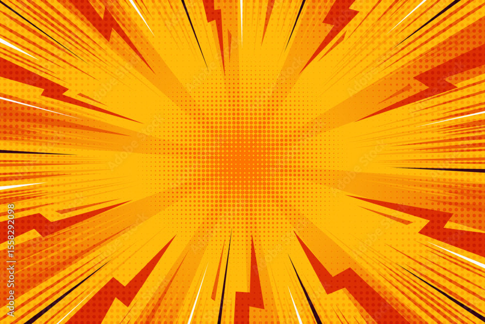 Fototapeta premium Cartoon comic background with lightning burst effect. Vector manga graphic with flash and thunders. Energy explosion frame with electric abstract light. Radial perspective orange beams