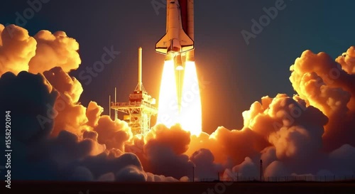 animated space shuttle taking launch pad fire smoke billowing engines towers background bright b