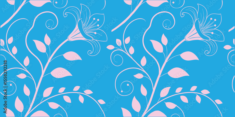 Elegant seamless floral pattern with pink abstract flowers and leaves on a blue background. Perfect for wallpaper, fabric, or digital prints. Decorative botanical vector design. Elegant seamless floral pattern with pink abstract flowers and leaves on a blue background. Perfect for wallpaper, fabric, or digital prints. Decorative botanical vector design.