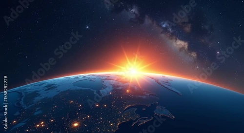 earth illuminated sun stars night sky sun rays radiating outwards center planet stars twi