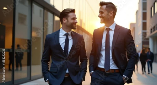 men suits walking street smiling talking background number people walking path