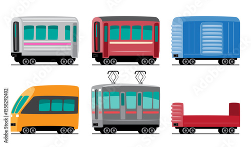 Train vehicles transportation cartoon illustration . Includes passenger car or coach, boxcar , high-speed train, tram and flat wagon . Set 3 of 3 . Vector .
