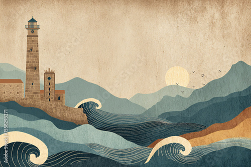 Vintage Galician travel poster concept: retro-style composition with symbolic elements, lighthouse, gaita, waves, stone church, textured paper background, space for text