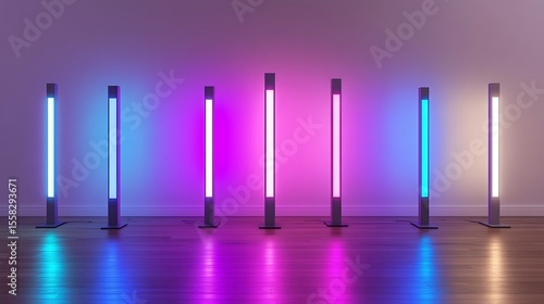 Seven led light bars standing in a row with various colors on a wooden floor