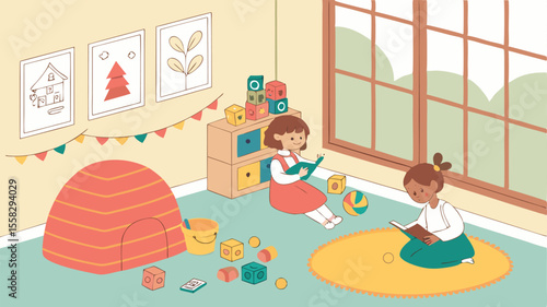 Two girls reading books in a playroom with toys, a tent, and drawings hanging on the wall by a window