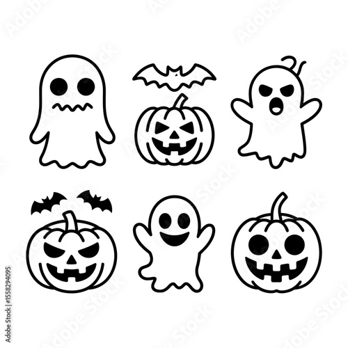 Vector art of halloween ghosts pumpkins and bats isolated on white background