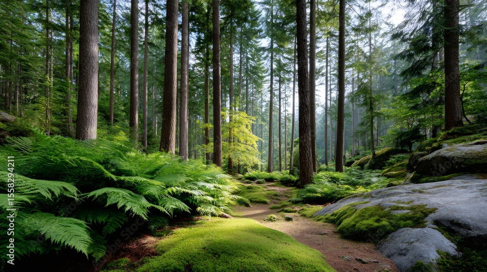 Obraz premium Lush green ferns and moss growing in a peaceful forest