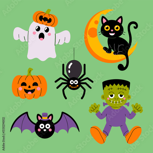 Vector art of halloween characters including a ghost cat pumpkin and frankenstein