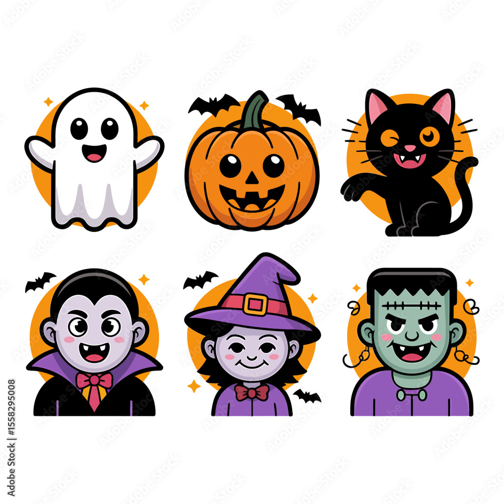Vector art of halloween characters including a ghost pumpkin and vampire Vector art of halloween characters including a ghost pumpkin and vampire