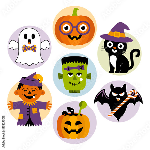 Vector art of halloween stickers with a ghost pumpkin cat and frankenstein