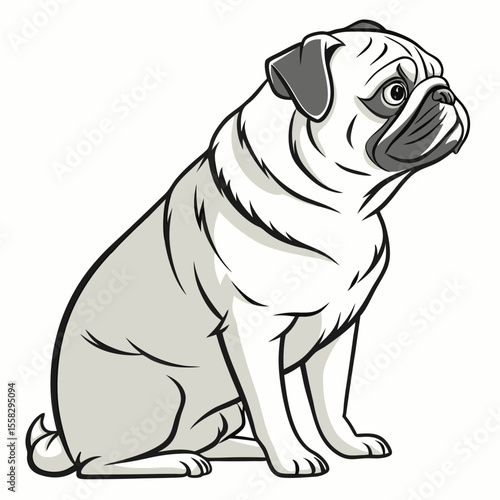 Adorable Cartoon Pug with Expressive Eyes Sitting Calmly and Patiently