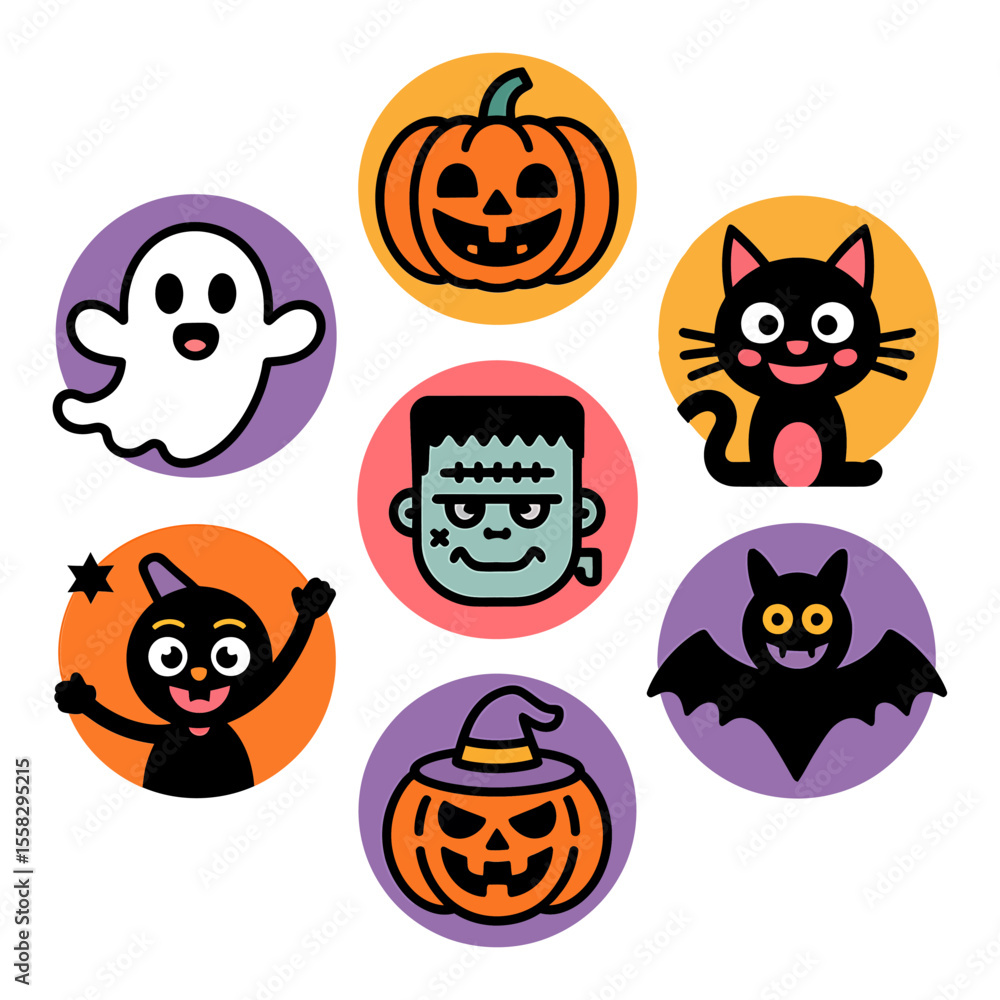 Fototapeta premium Vector art of halloween characters and pumpkins isolated on white background