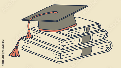 Illustration of a graduation cap resting on a stack of three books with a tassel hanging down nicely