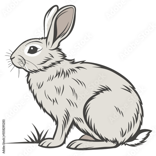 Cartoon drawing of a grey rabbit sitting in grass with a white background