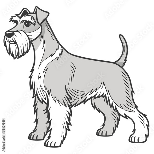 Cartoon Schnauzer Dog with Beard and Mustache Standing on White Background