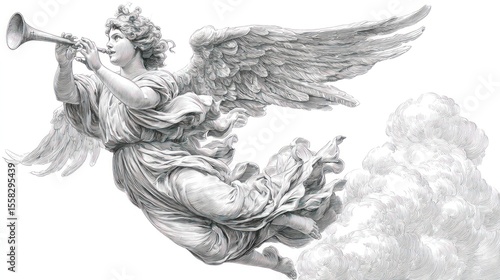 Flying angel playing a horn, clouds