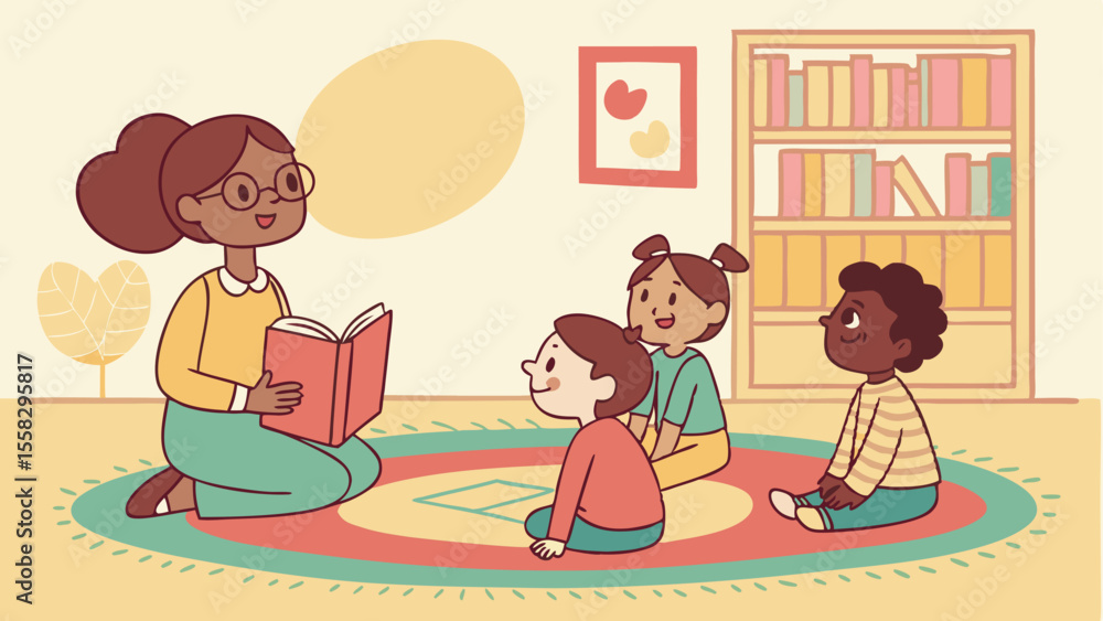 Illustration of a teacher reading a book to a group of children sitting on a rug in a classroom setting Illustration of a teacher reading a book to a group of children sitting on a rug in a classroom setting