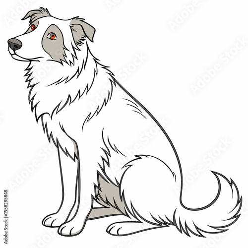 Elegant cartoon dog with white and gray fur sitting patiently looking aside