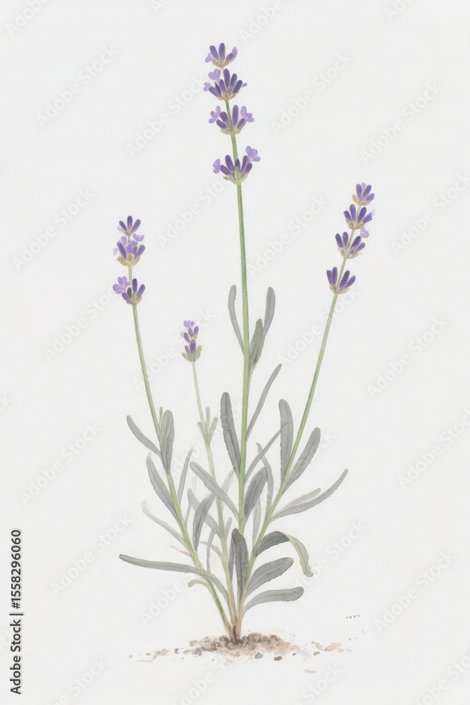 Naklejka premium Watercolor Illustration of Lavender Plant with Purple Flowers and Green Stems
