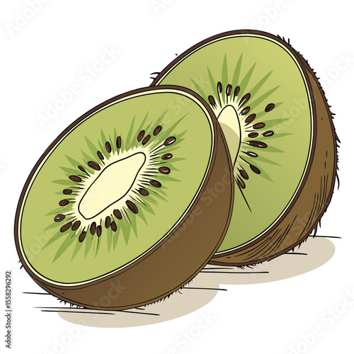 Illustration of two halved kiwi fruits, displaying vibrant colors and textures