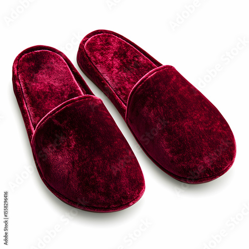 A pair of luxurious burgundy velvet slippers, showcasing their soft texture, isolated on a white background
