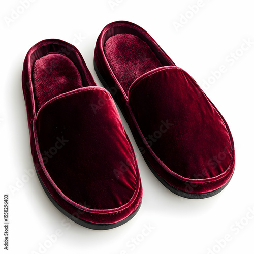 A pair of luxurious burgundy velvet slippers, showcasing their soft texture, isolated on a white background