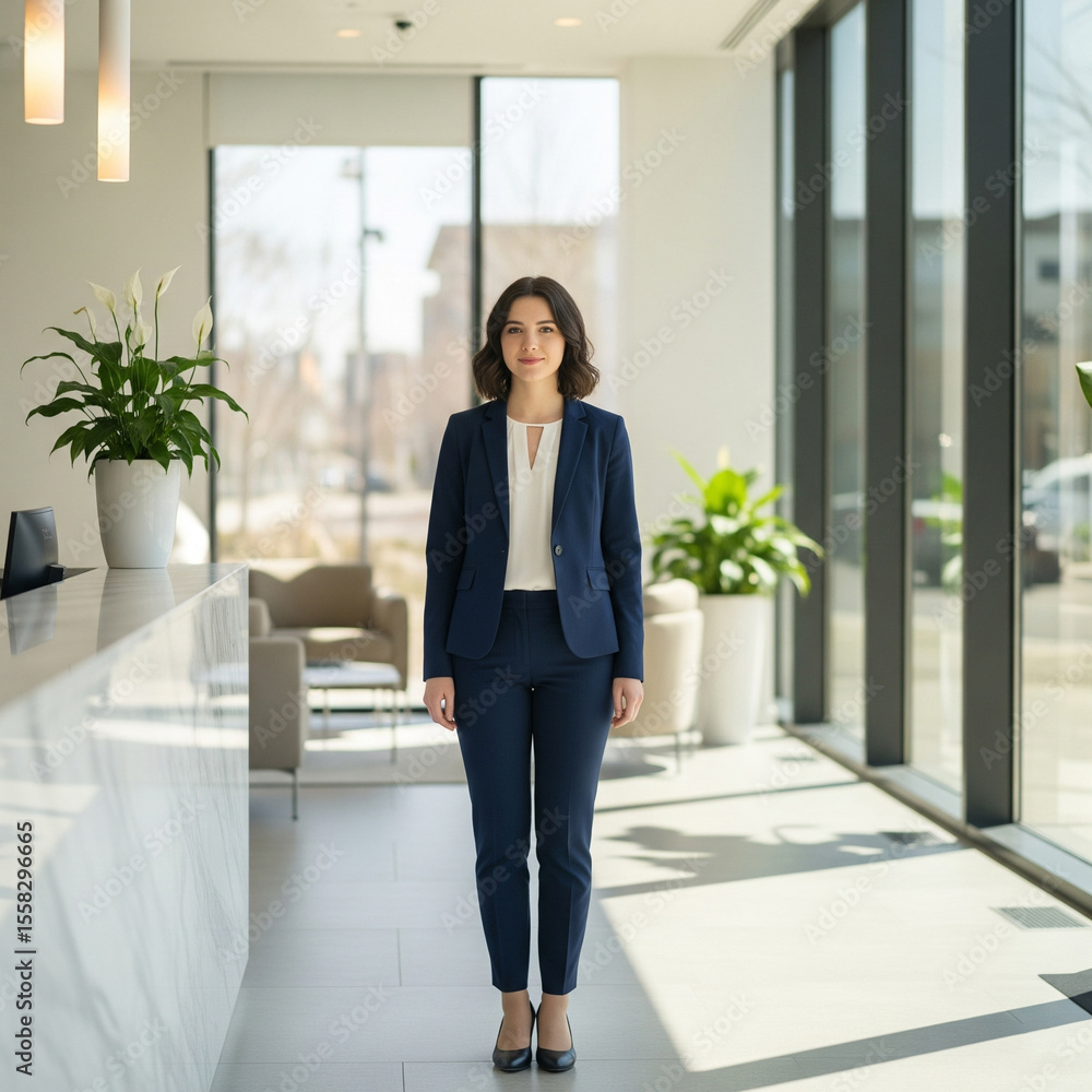 Confident Female Entrepreneur Walking in Office Lobby Confident Female Entrepreneur Walking in Office Lobby