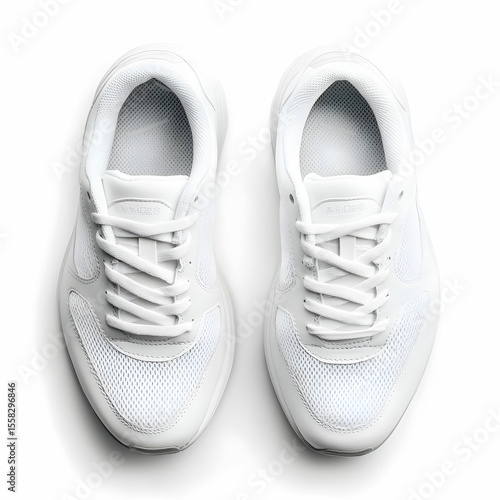 A pair of white sporting shoes, designed for athletes' running and training, isolated on a clean white background